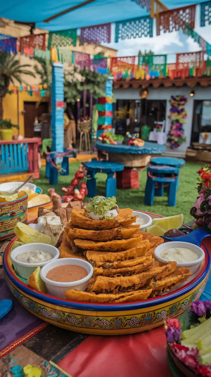 Entire Tostones with Garlic Sauce in a Colorful Fiesta Setting