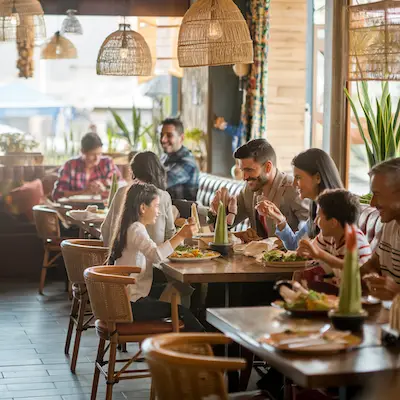 Restaurant interior with a family inside it